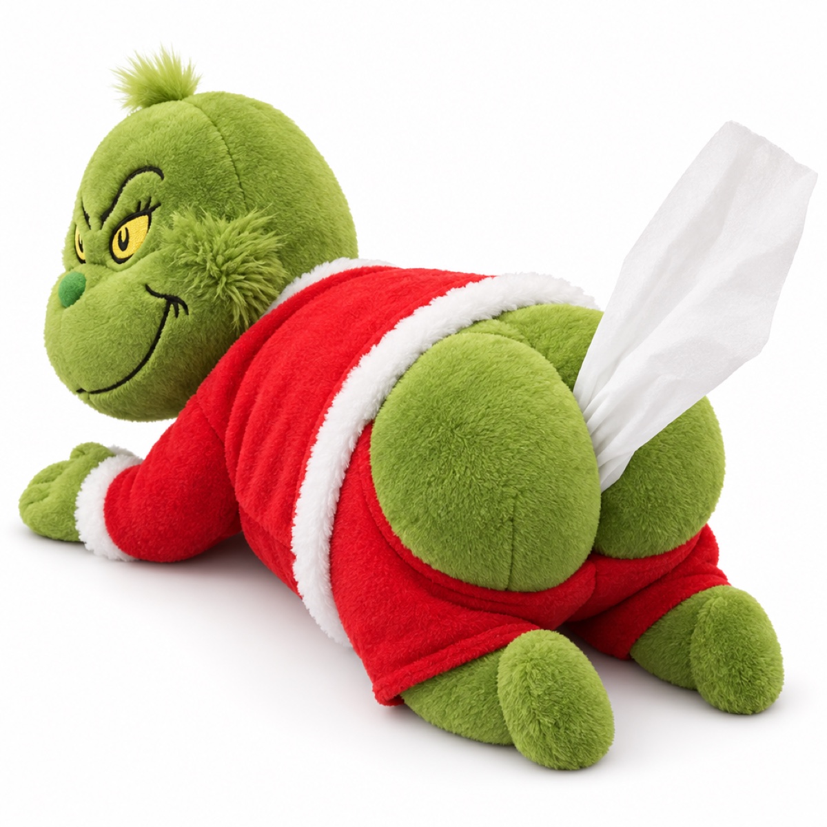 A grinning Grinch plush face